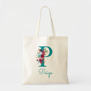 Tote Bag Monogramme en écriture P florale sarcelle rose