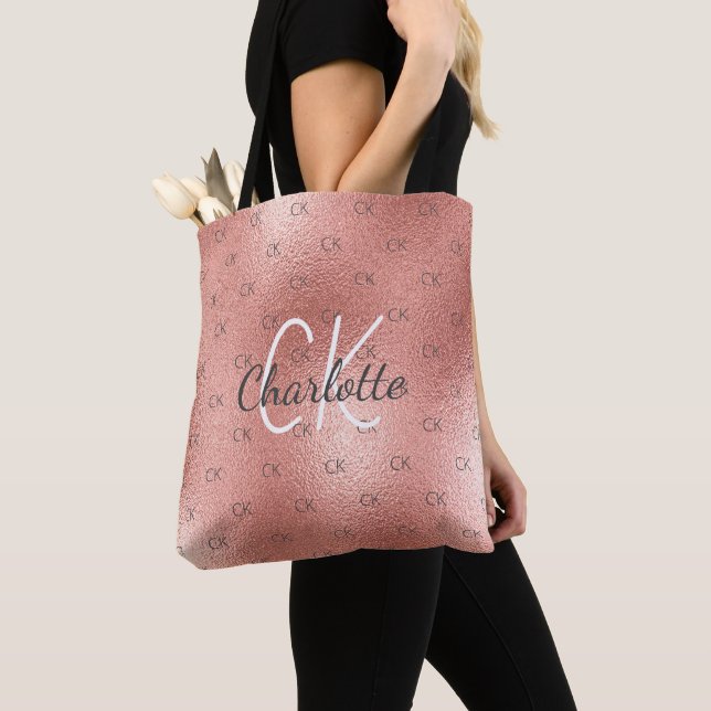 Tote Bag Monogramme en or rose écriture élégante (De près)