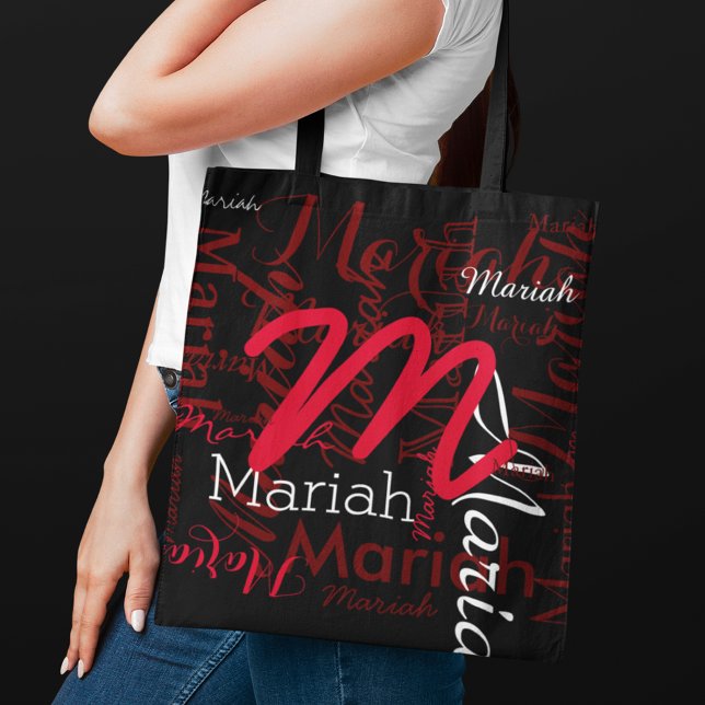 Tote Bag Monogramme et noms rouges sur noir (overlapping names)