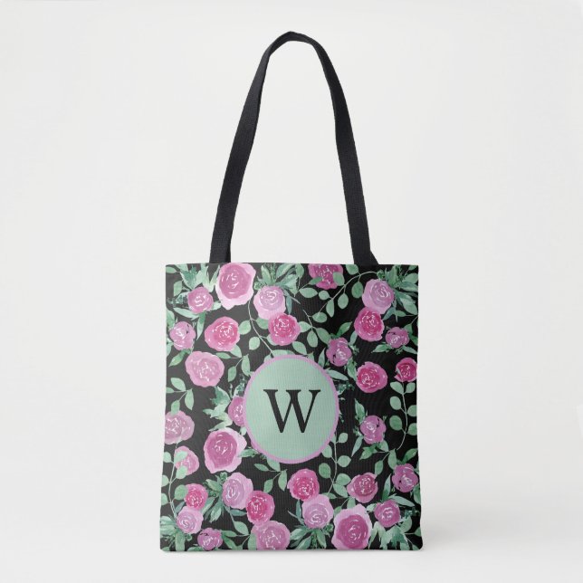 Tote Bag Monogramme Eucalyptus Rose Aquarelle Design (Devant)