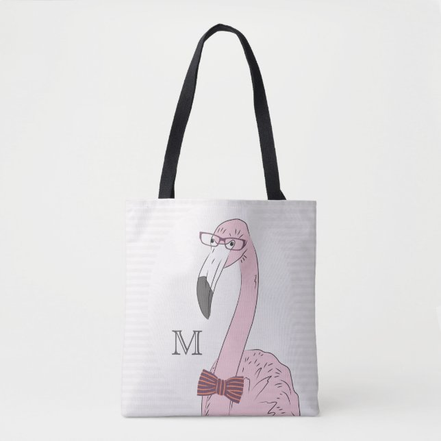 Tote Bag Monogramme. Flamant rose Hipster avec Cravate Fanc (Devant)