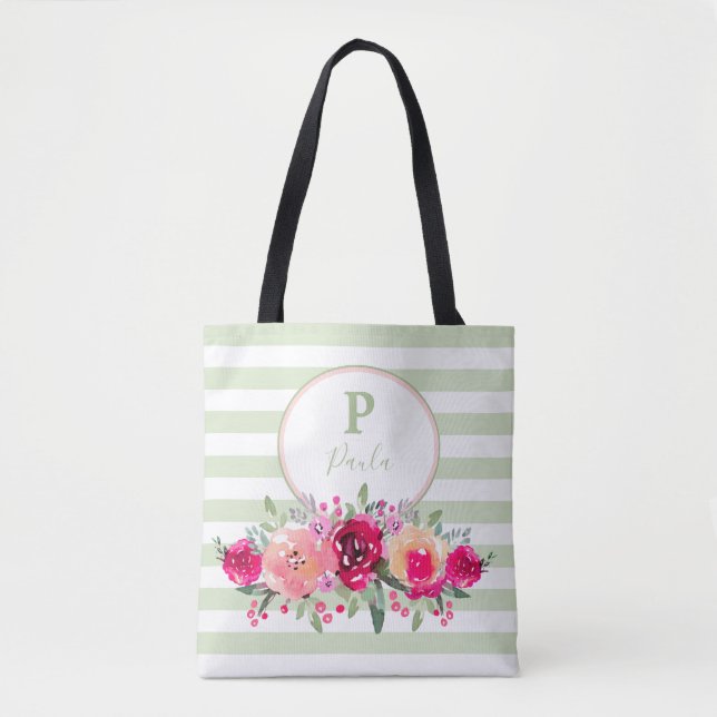 Tote Bag Monogramme floral aquarelle cerise sur rayures men (Devant)
