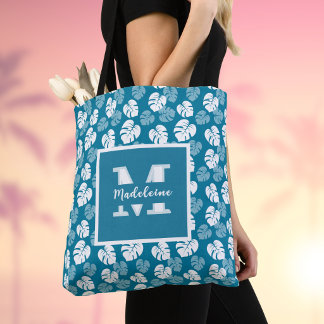 Tote Bag Monogramme floral blanc sarcelle feuille de Monste