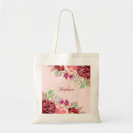 Tote Bag Monogramme floral bleu Bourgogne PInk Aquarelle