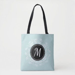Tote Bag Monogramme floral bleu-clair chic de coutume de