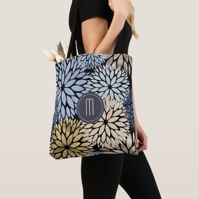 Tote Bag Monogramme floral bleu dahlia (De près)