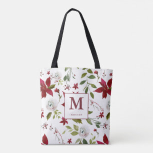 Tote Bag Monogramme floral Chic Poinsettia avec prénom