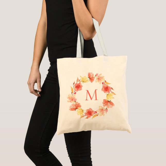 Tote Bag Monogramme floral de guirlande d'aquarelle effilée (Devant (produit))