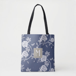 Tote Bag Monogramme floral de la Chinoiserie bleue