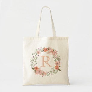 Tote Bag Monogramme floral de pêche romantique