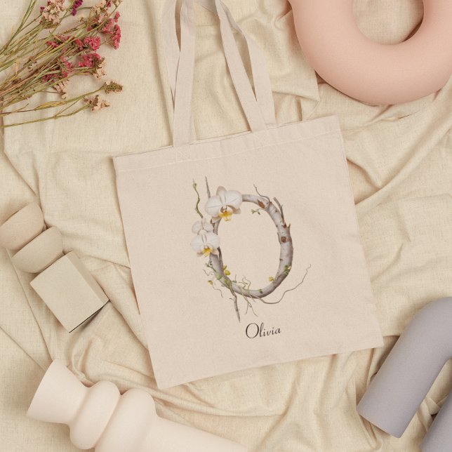 Tote Bag Monogramme floral d'orchidées élégantes O Nom pers (Créateur téléchargé)