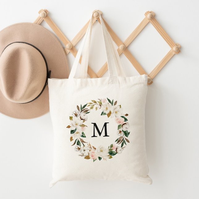 Tote Bag Monogramme Floral et Magnolias Blanches Élégant (Créateur téléchargé)