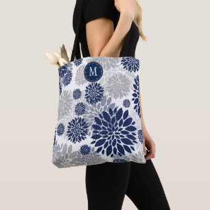 Tote Bag Monogramme floral gris bleu marine