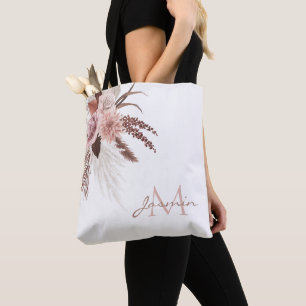 Tote Bag Monogramme Floral Herbe de Pampas Rouge Bohème