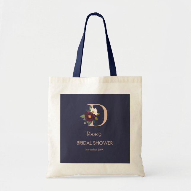 Tote Bag Monogramme floral Navy Lettre D Shower de mariage  (Devant)