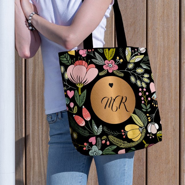 Tote Bag monogramme floral noir et rose pastel de luxe (Créateur téléchargé)
