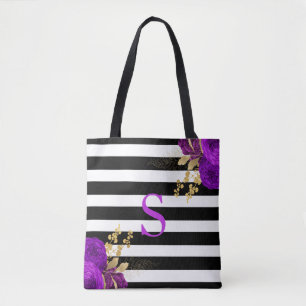 Tote Bag Monogramme floral or et violet Rayures noires et b