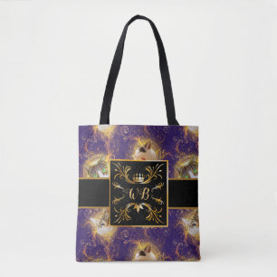 Tote Bag Monogramme Floral Orné Cute Chat - Royal Purple