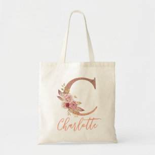 Tote Bag Monogramme floral pailleté rose blush Lettre C 