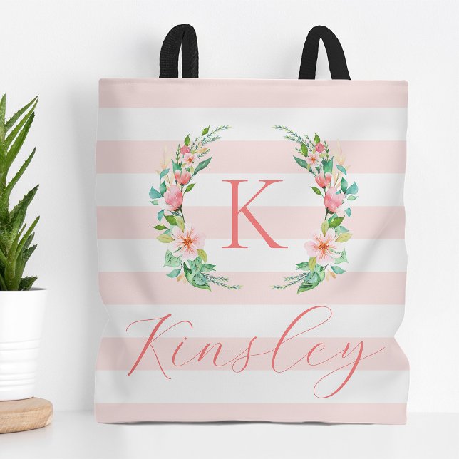 Tote Bag Monogramme floral paradis et rayures (Créateur téléchargé)