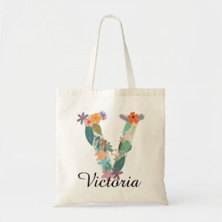 Tote Bag Monogramme floral personnalisé Lettre V nom person