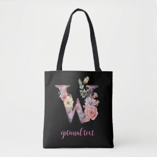 Tote Bag monogramme floral personnalisé noir rose lettre W