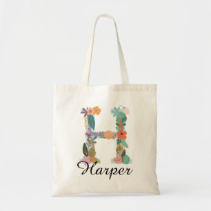 Tote Bag Monogramme Floral Personnalisé Nom Botanique Perso