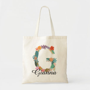 Tote Bag Monogramme floral personnalisé Nom personnalisé Bo