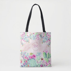 Tote Bag Monogramme géométrique de marbre brillant Succulen