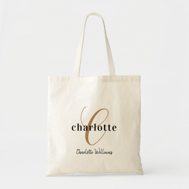 Tote Bag Monogramme Gold Noir tendance Nom du script initia (Devant)