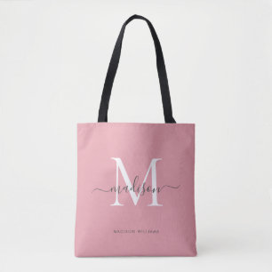 Tote Bag Monogramme gris blanc rose pâle Nom du script init