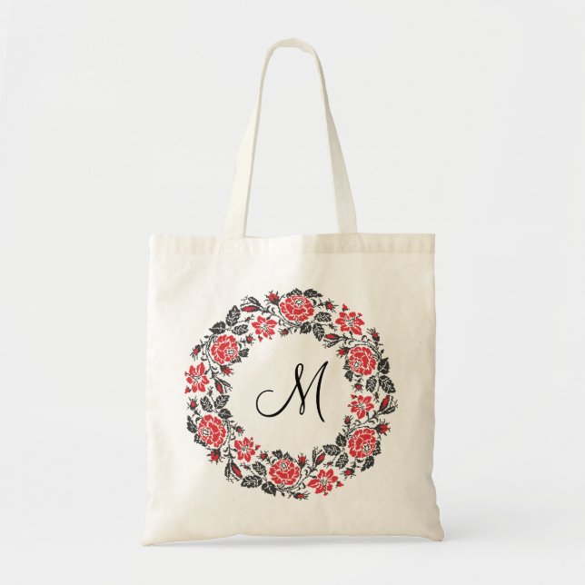 Tote Bag Monogramme initial des roses rouges à point croisé (Devant)