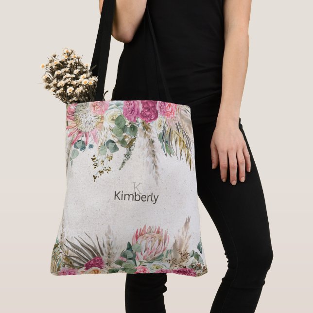 Tote Bag Monogramme Initial Floral Bohème Pastel Neutre (De près)