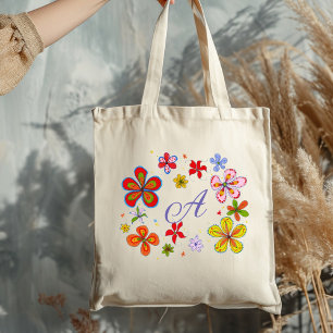 Tote Bag Monogramme Initial Illustré de Fleurs Amusantes