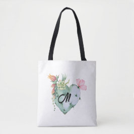 Tote Bag Monogramme Initial Joli Aquarelle Fleurs Vert