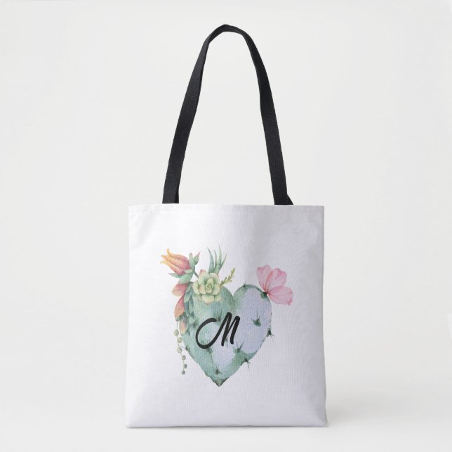 Tote Bag Monogramme Initial Joli Aquarelle Fleurs Vert (Devant)