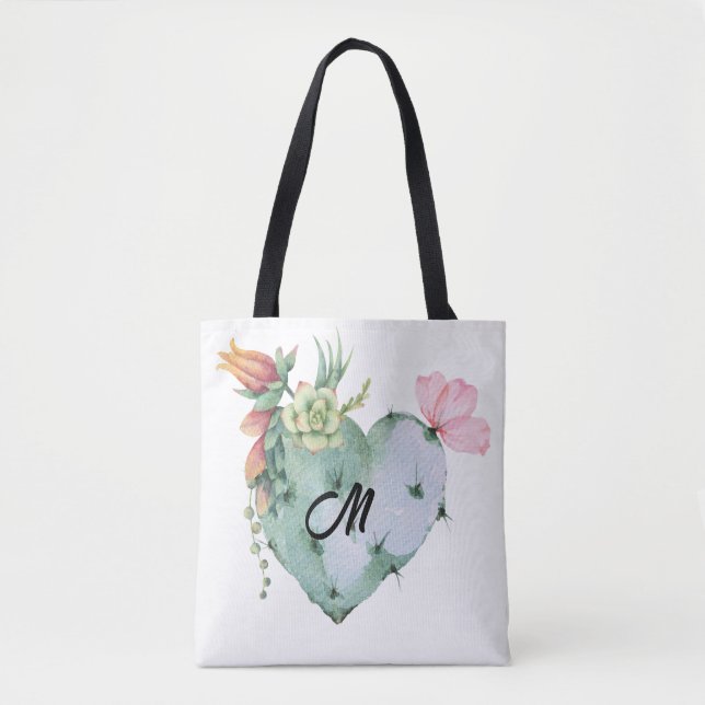 Tote Bag Monogramme Initial Joli Aquarelle Fleurs Vert (Devant)