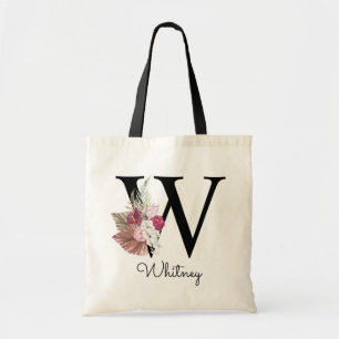 Tote Bag Monogramme initial W rose Boho Girly Floral