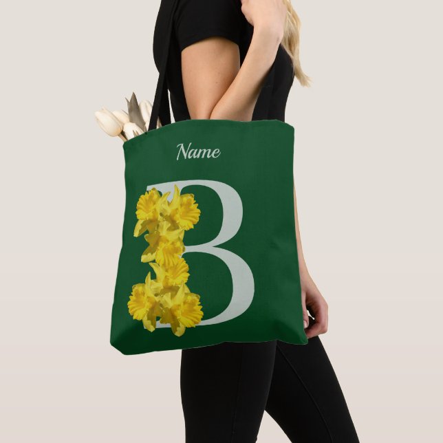 Tote Bag Monogramme initiale B personnalisé jonquille (De près)