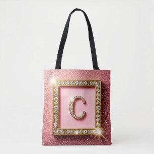 Tote Bag Monogramme Initiale C Diamant Paillettes Roses Cad