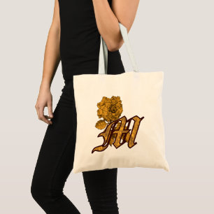 Tote Bag Monogramme Initiale M Élégante Fleur de Pivoine en