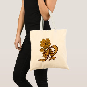 Tote Bag Monogramme Initiale N Fleur de Pivoine en Or