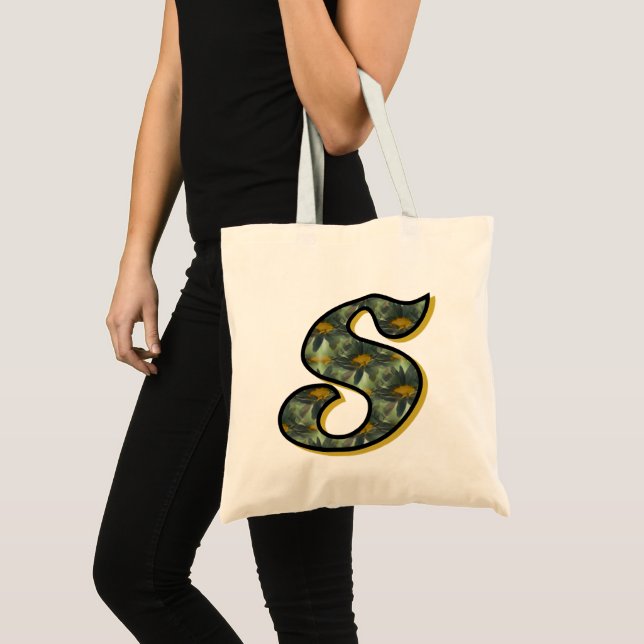 Tote Bag Monogramme Initiale S Art Floral Marguerites  (Devant (produit))