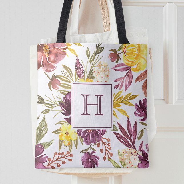 Tote Bag Monogramme joli floral marron violet aquarelle (Créateur téléchargé)