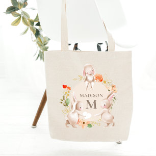 Tote Bag Monogramme Lapin lapins Floral Pâques Personnalisé