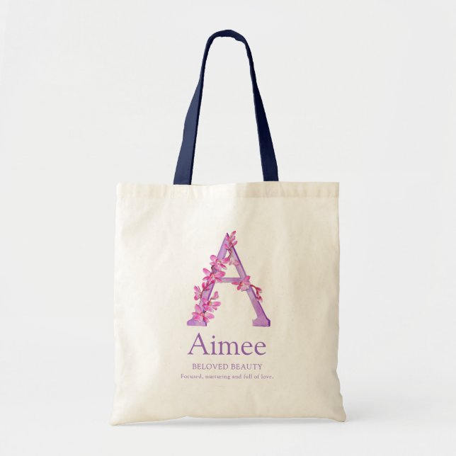 Tote Bag Monogramme lettre A orchidées aquarelle Aimee pers (Devant)