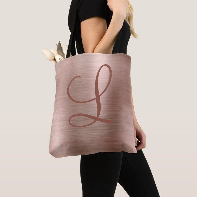 Tote Bag Monogramme métal brossé Chic Rose or initial (De près)