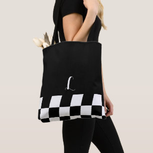 Tote Bag Monogramme minimaliste noir et blanc À damiers