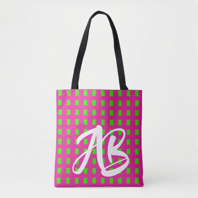 Tote Bag Monogramme moderne amusant rose chaud et vert (Devant)