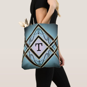 Tote Bag Monogramme moderne Art déco bleu élégant